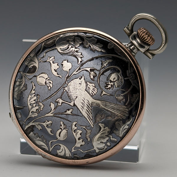 Circa 1923 Antique Longines pocket watch with flower and bird decoration, silver side Niero Hunter case, in good working order